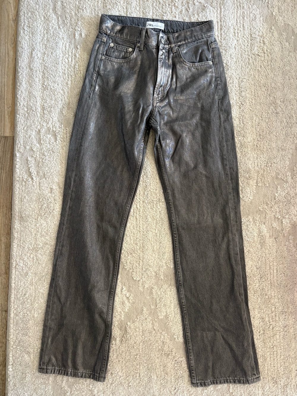 Zara Metallic Coated Straight Leg Jeans - Dark Silver / Gunmetal Grey Size 2 - Picture 2 of 6